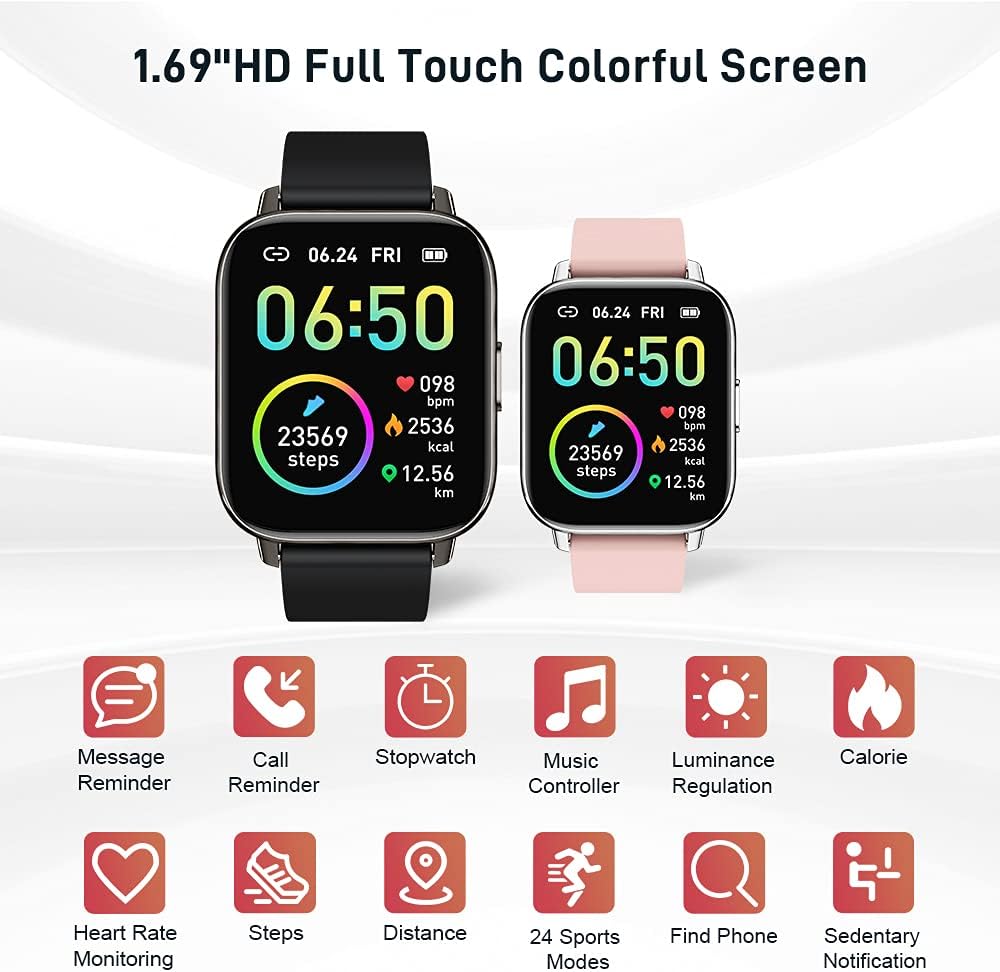 Smart Watch & Fitness Tracker — 1.69 inch HR & Sleep Monitor, IP68 Waterproof