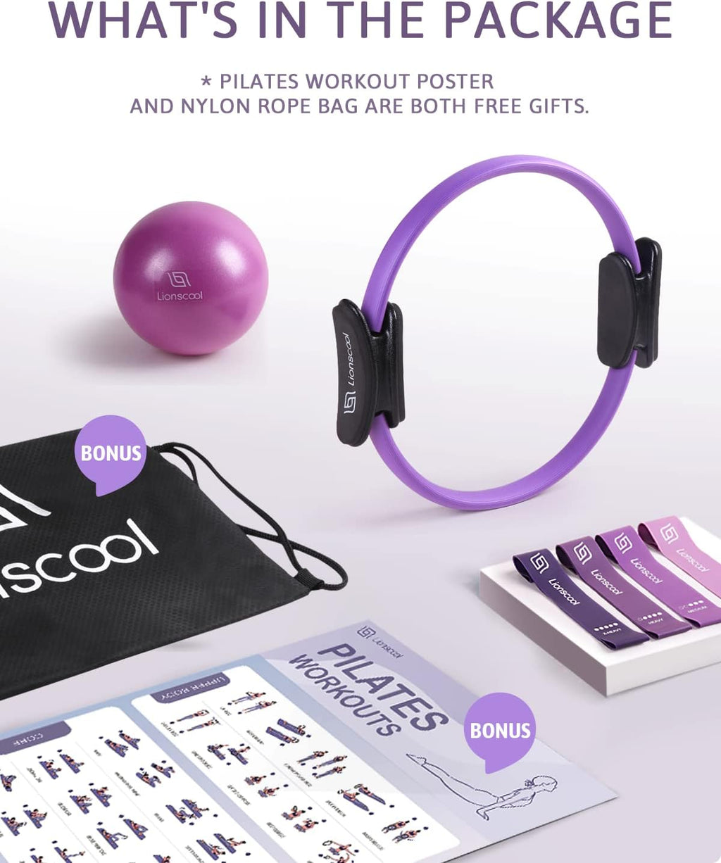 LIONSCOOL Pilates Ring Set — 14 inch Magic Circle with Mini Ball & Bands