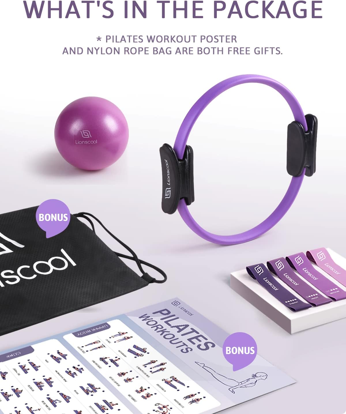 LIONSCOOL Pilates Ring Set — 14 inch Magic Circle with Mini Ball & Bands