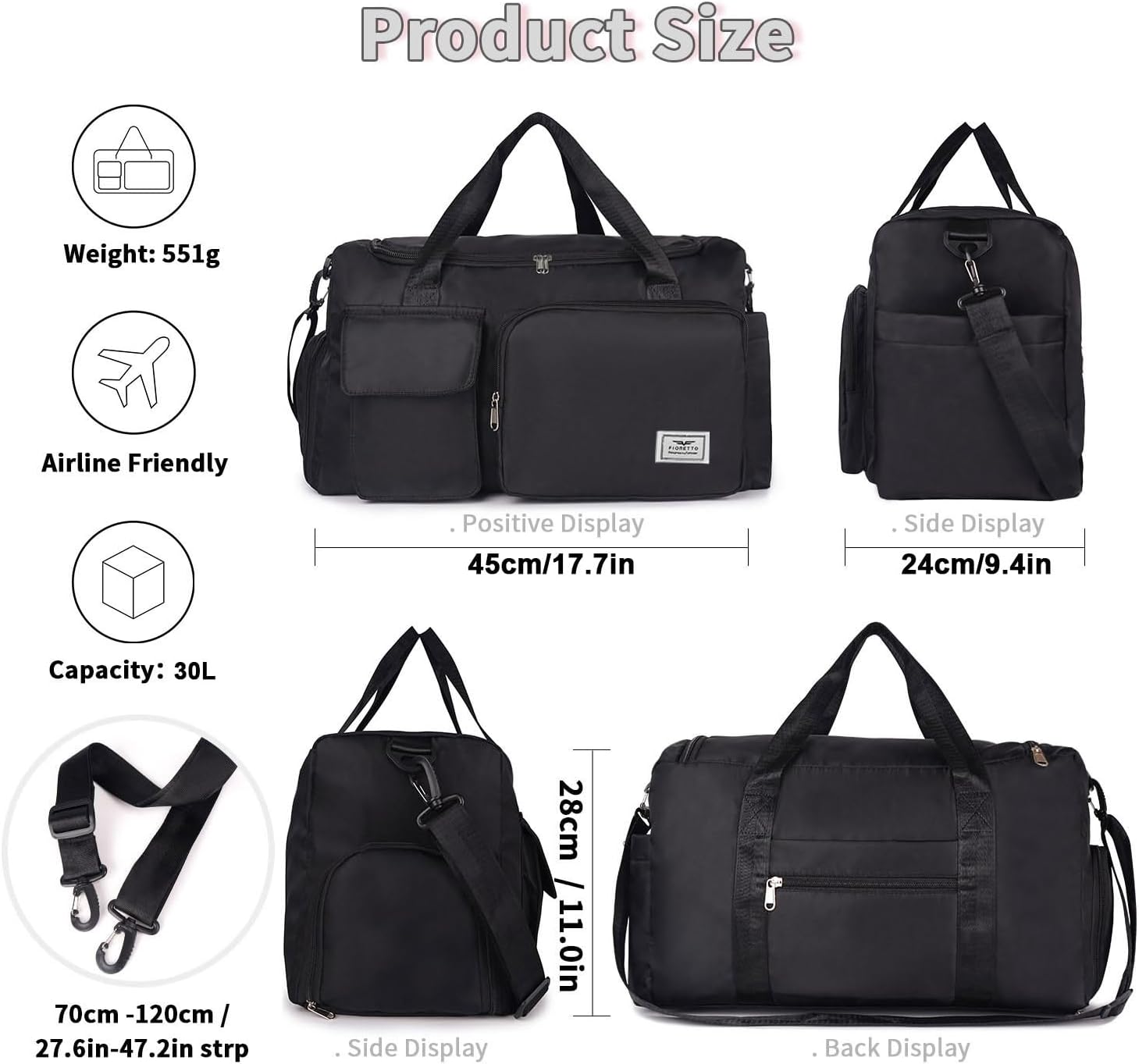 FIORETTO Sports Gym Duffle Bag — Water Resistant Holdall with Shoe Compartment