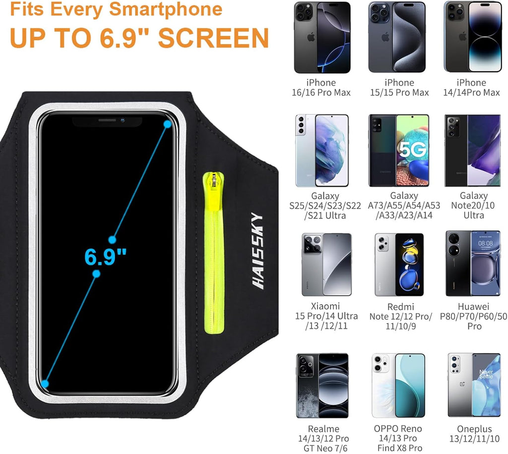 HAISSKY Running Armband — Phone Holder with Zip Pocket for Phones to 6.9 inch