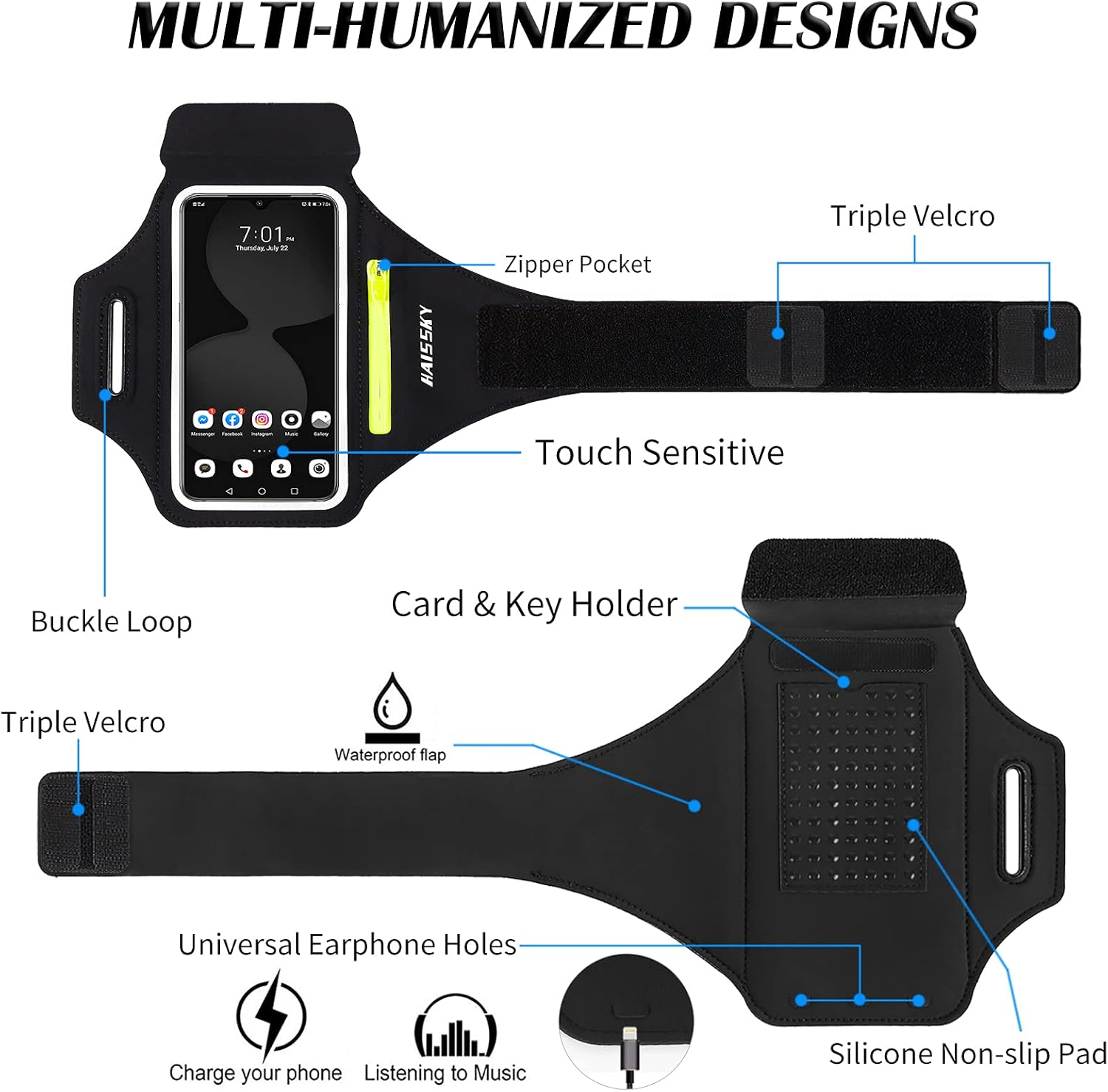 HAISSKY Running Armband — Phone Holder with Zip Pocket for Phones to 6.9 inch
