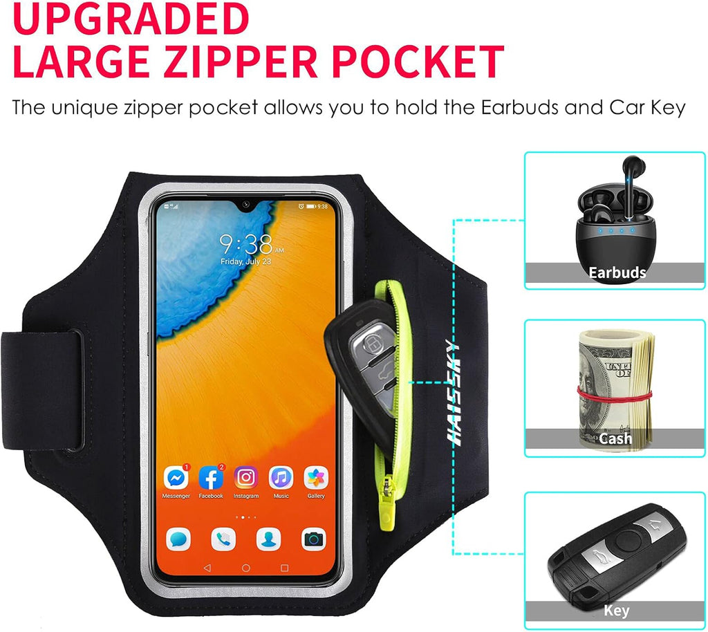 HAISSKY Running Armband — Phone Holder with Zip Pocket for Phones to 6.9 inch