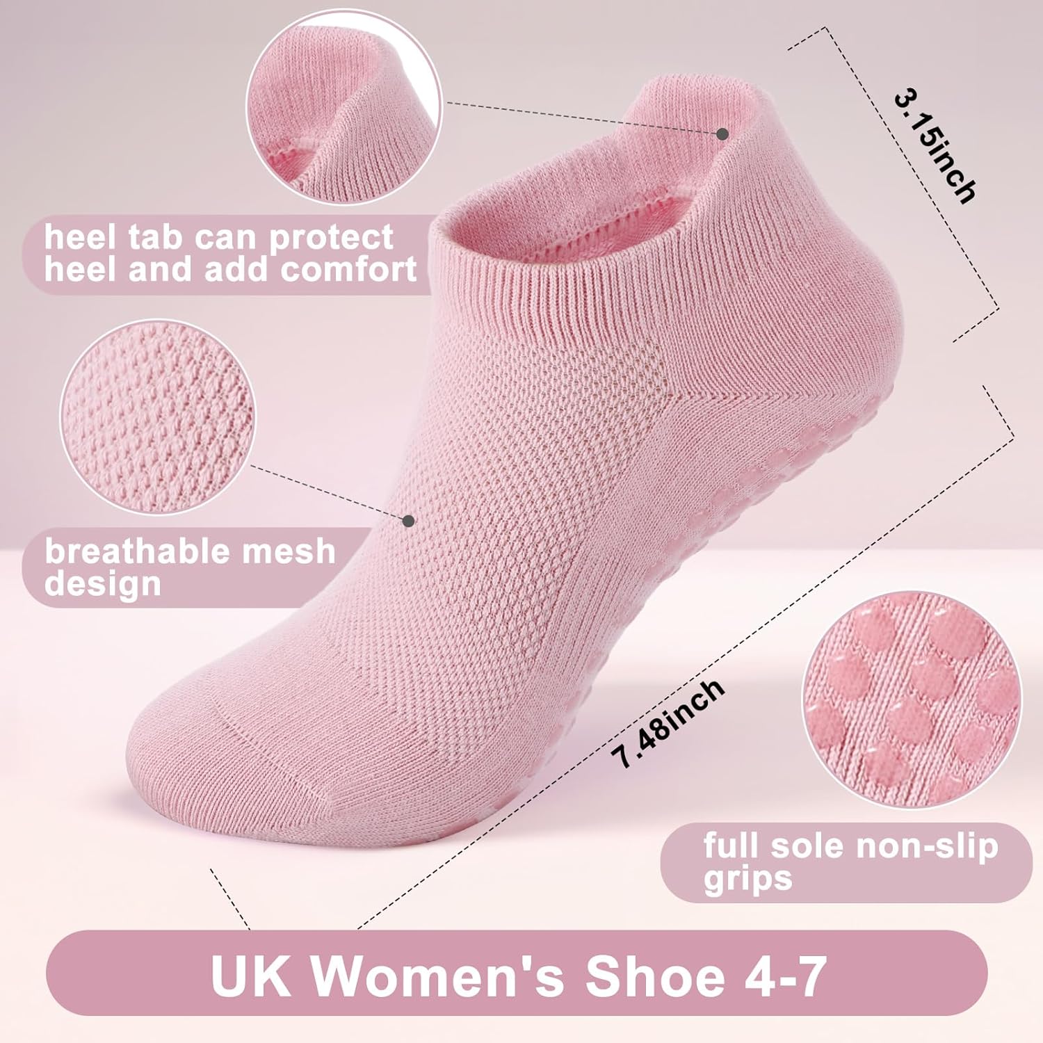 Zuimei Pilates Grip Socks 5 Pairs — Non-Slip Yoga Socks for Women, UK 4-7