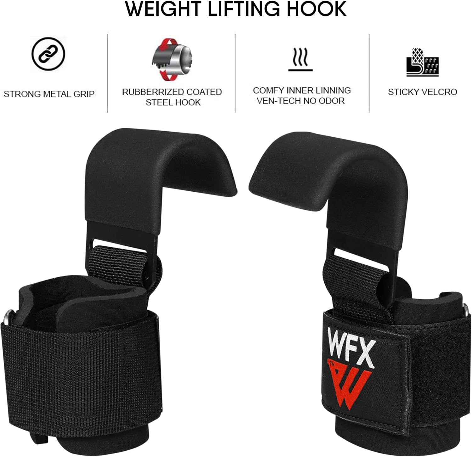 Weight Lifting Hooks — Non-Slip Rubber Grips with Neoprene Wrist Support Padding