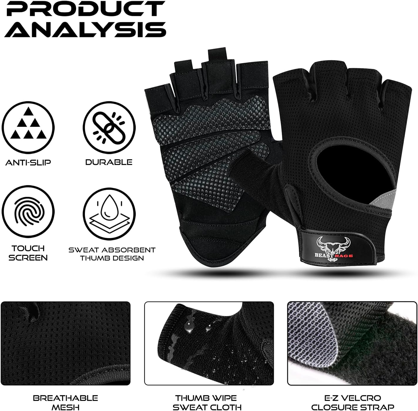 BEAST RAGE Weight Lifting Gloves — Non-Slip Gym Gloves for Men & Women