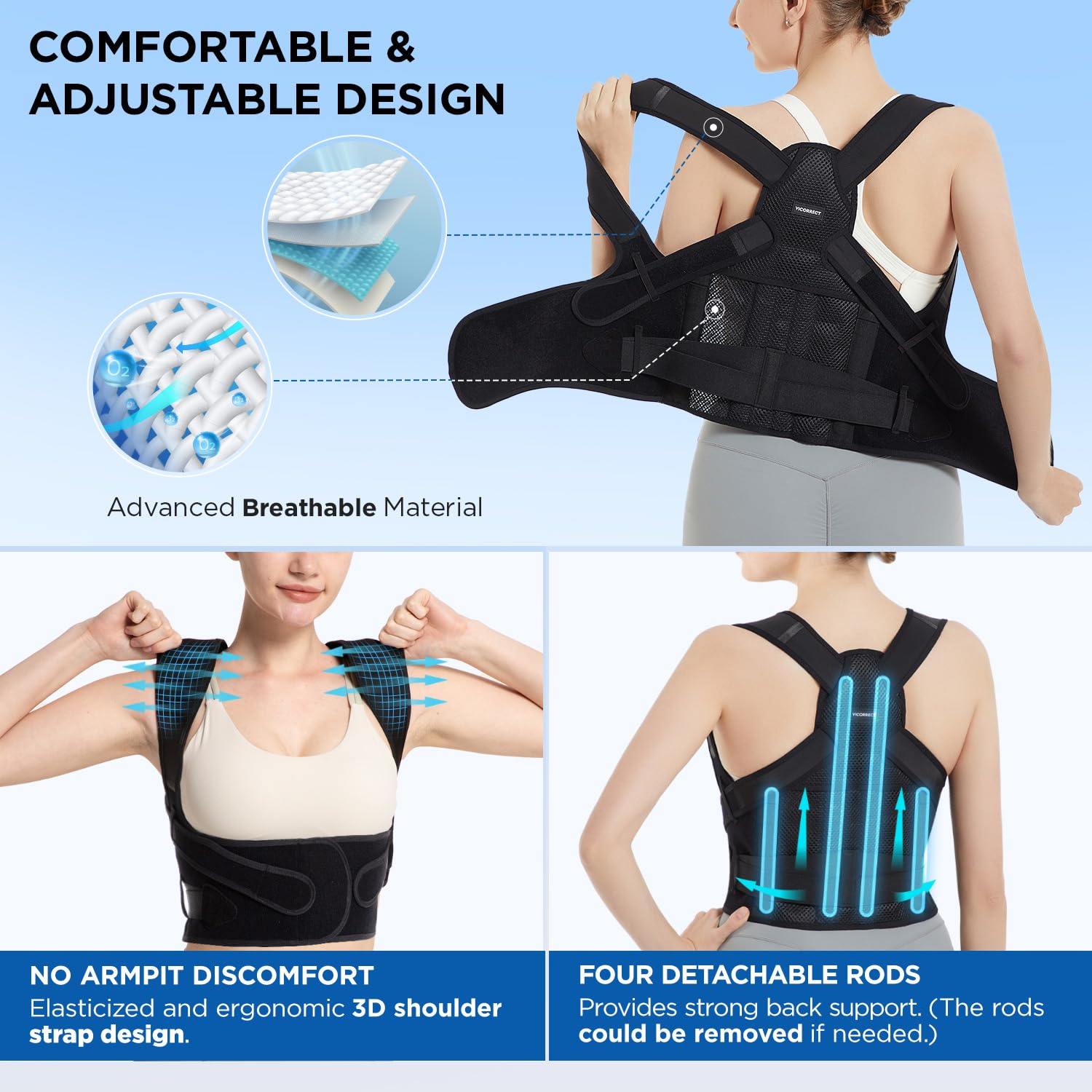 Vicorrect Posture Corrector — Adjustable Back Brace for Upper Back Pain Relief
