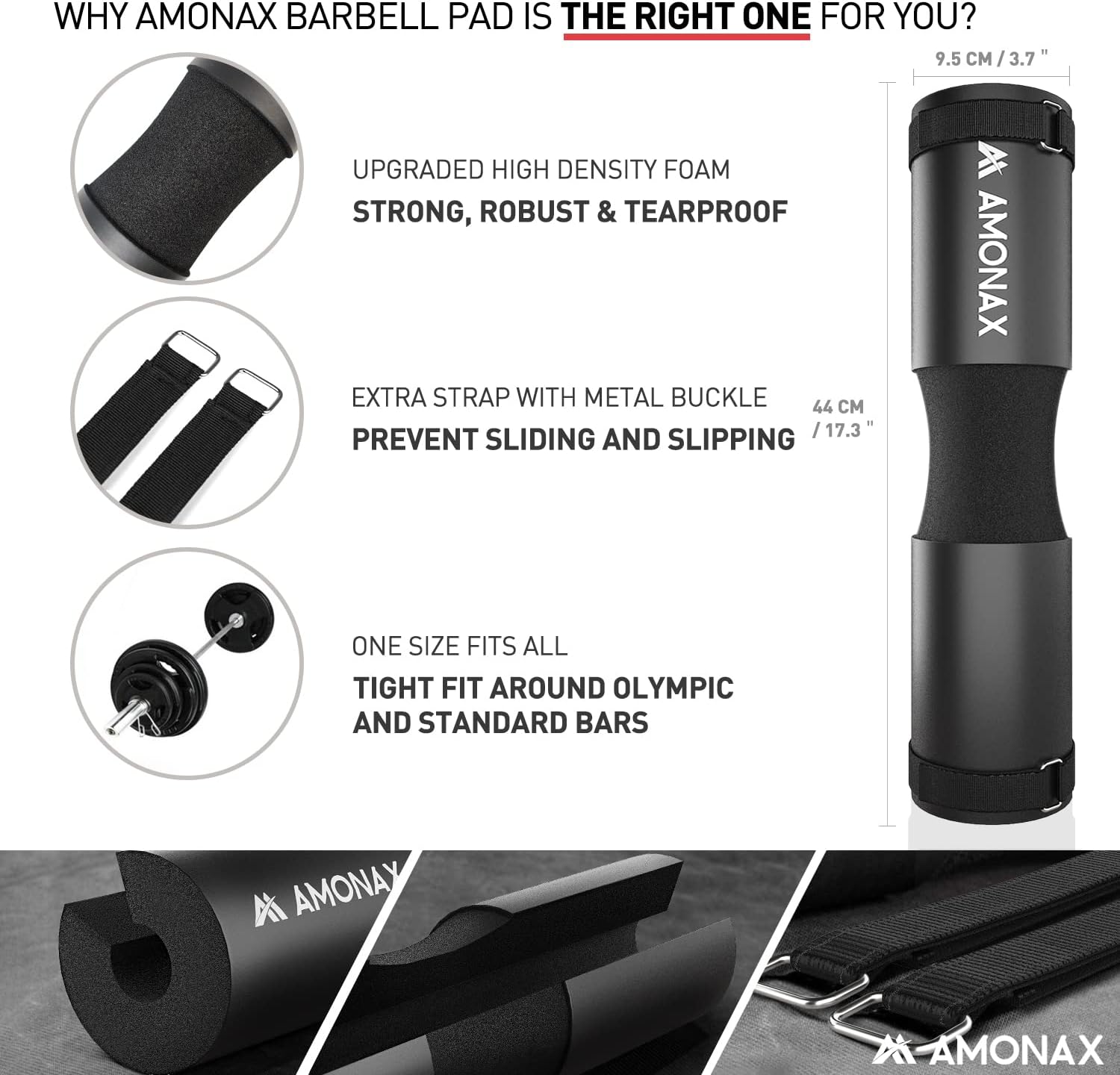 Amonax Barbell Squat Pad — Extra Thick Foam Collar for Hip Thrusts & Squats