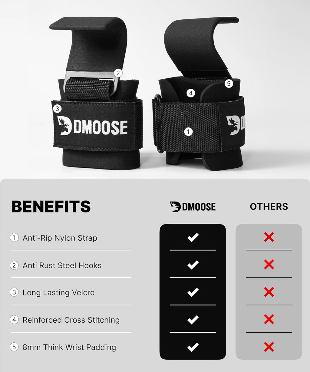 DMoose Weight Lifting Hooks (Pair) — Heavy-Duty Wrist Straps for Deadlifts