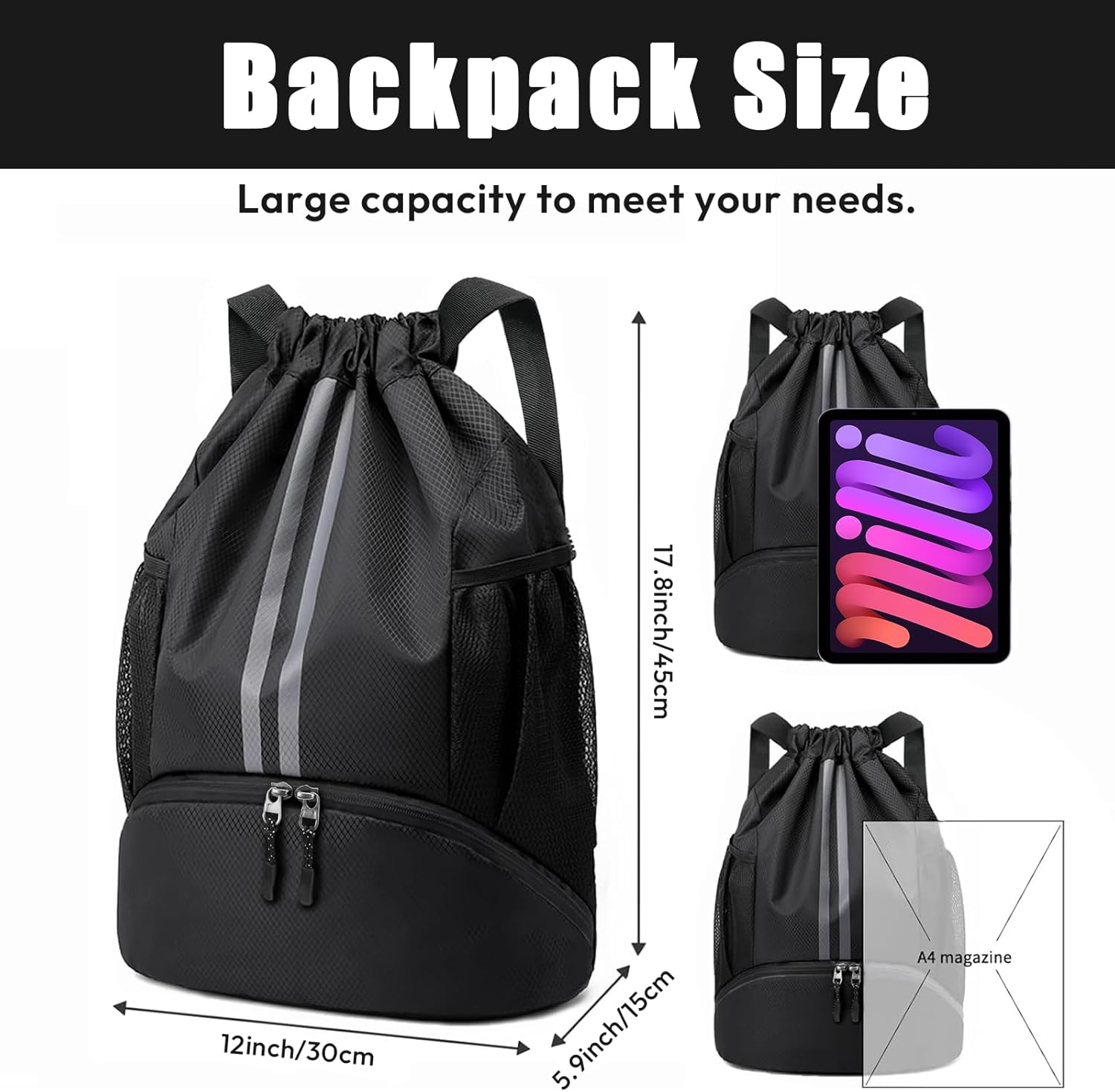 Sioloc Waterproof Drawstring Backpack — Gym & Swim Bag with Shoe Compartment