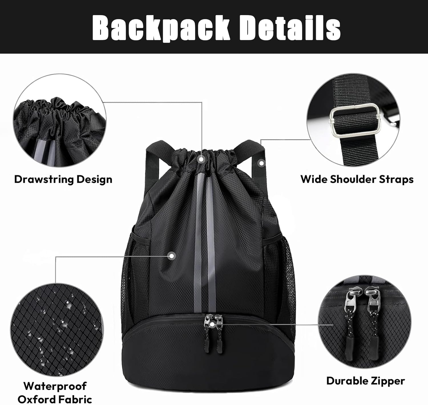Sioloc Waterproof Drawstring Backpack — Gym & Swim Bag with Shoe Compartment