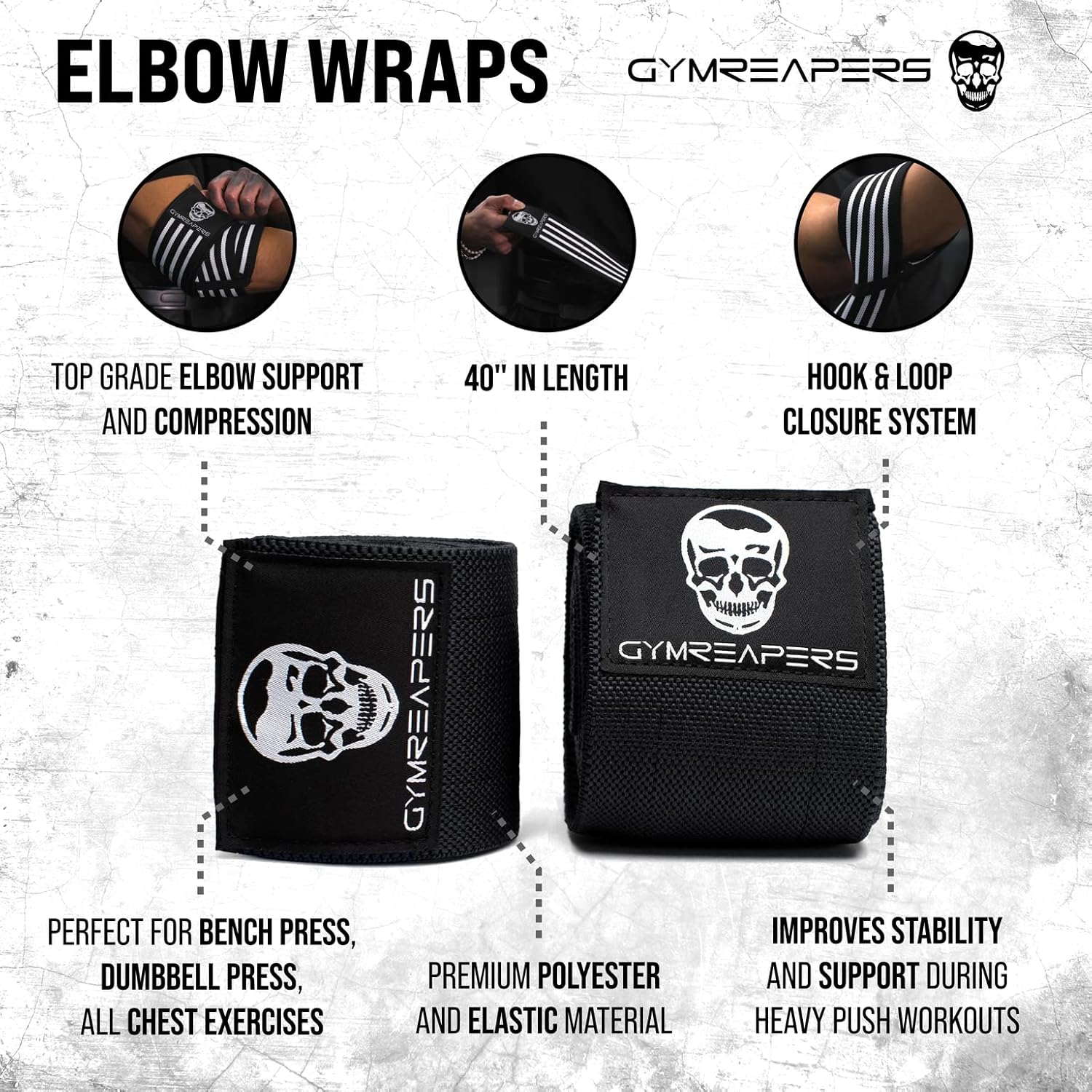 Gymreapers Elbow Wraps (Pair) — 40 inch Compression Support for Bench Press