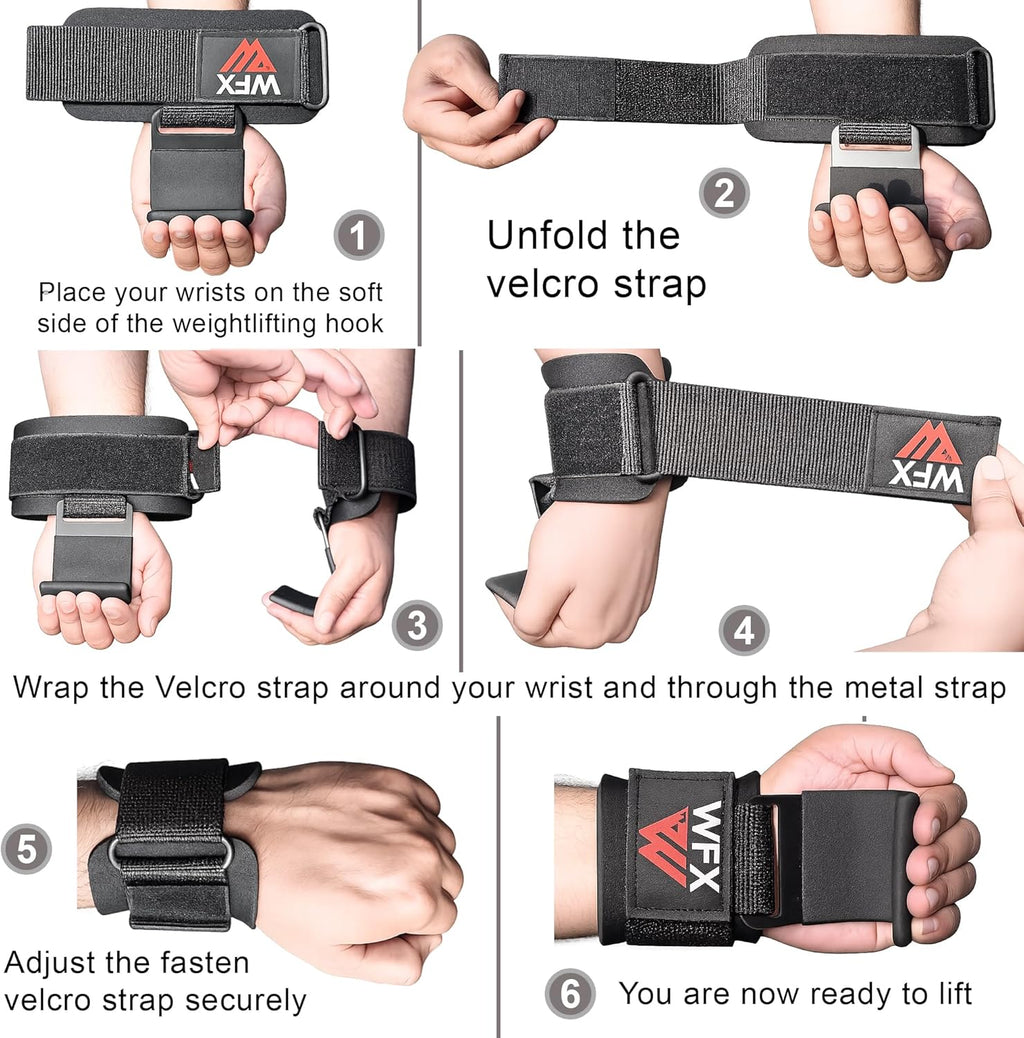 Weight Lifting Hooks — Non-Slip Rubber Grips with Neoprene Wrist Support Padding