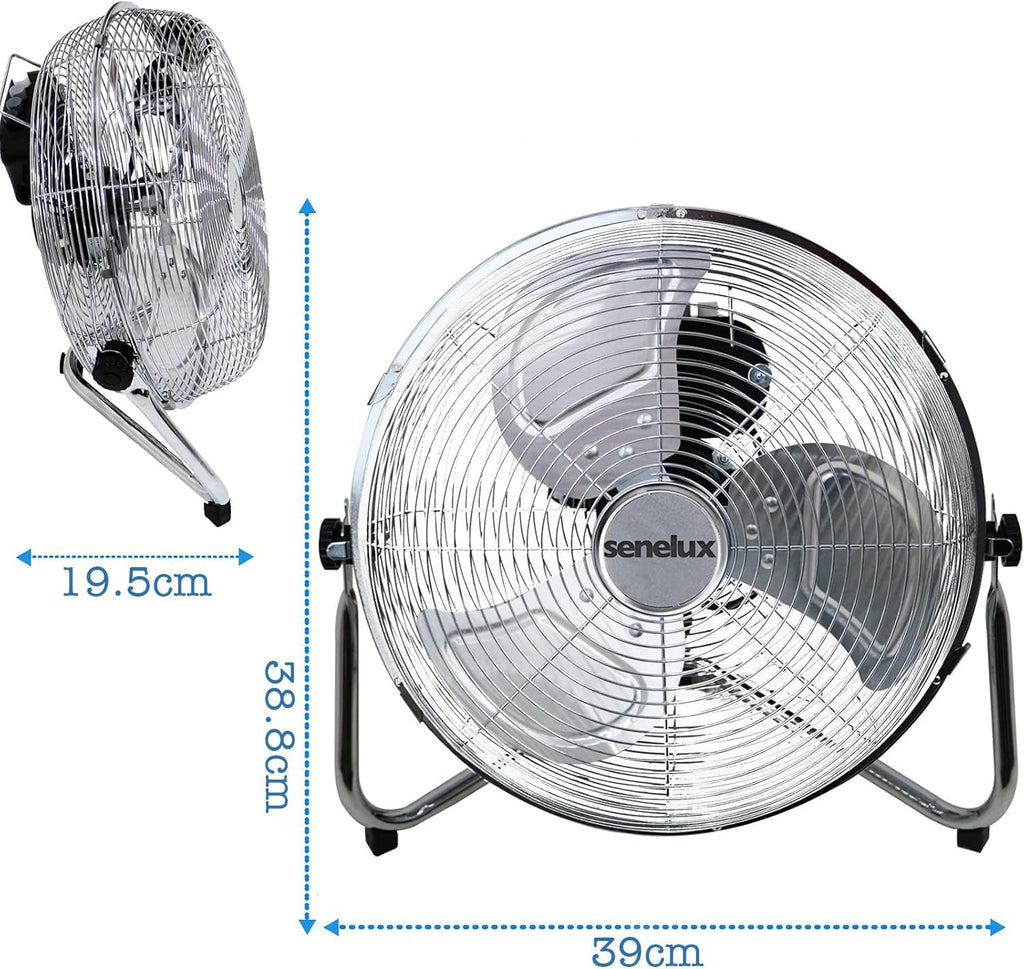 Senelux Chrome Gym Floor Fan — 3-Speed Portable Electric Cooling Fan