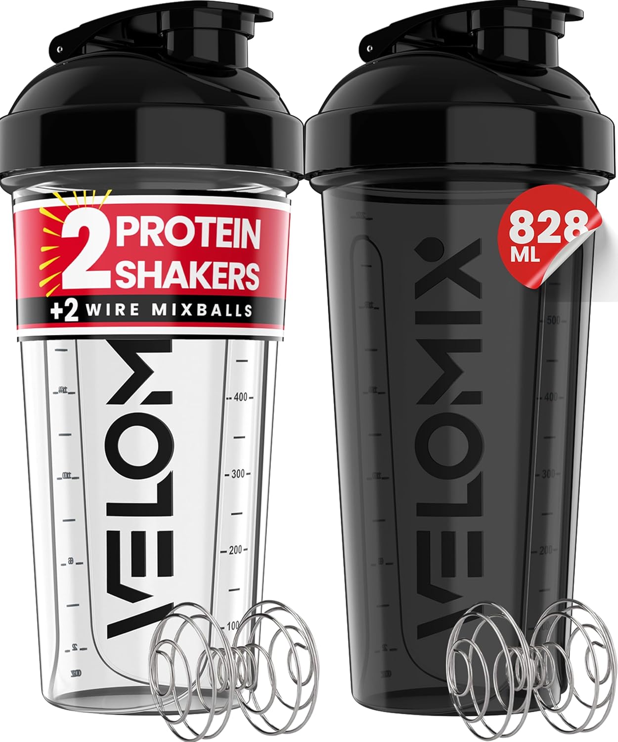 VELOMIX 2-Pack 828ml Protein Shaker Bottles — Leakproof Gym Shaker with Mixball
