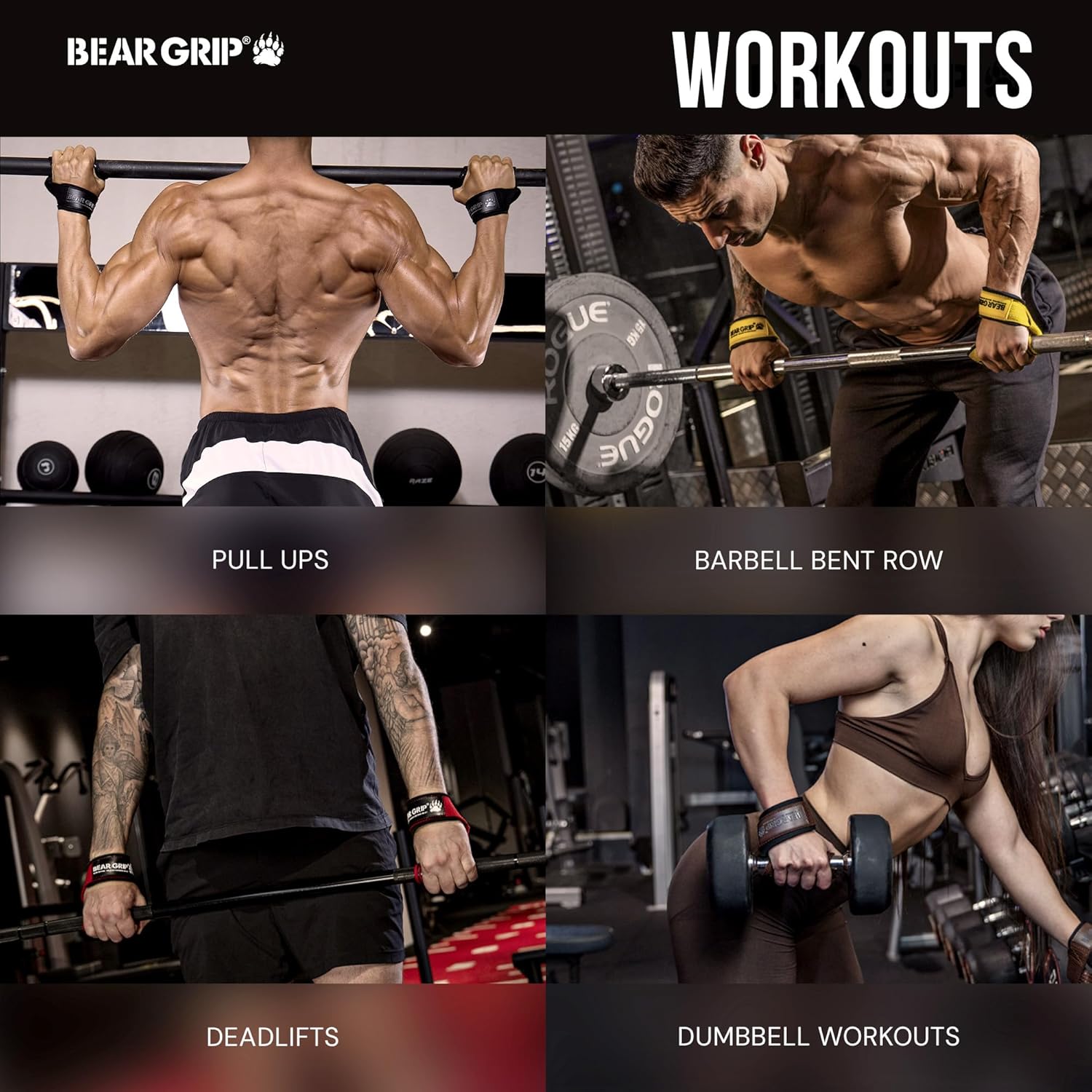 BEAR GRIP Weight Lifting Straps — Premium Neoprene Padded Gym Straps for Deadlifts