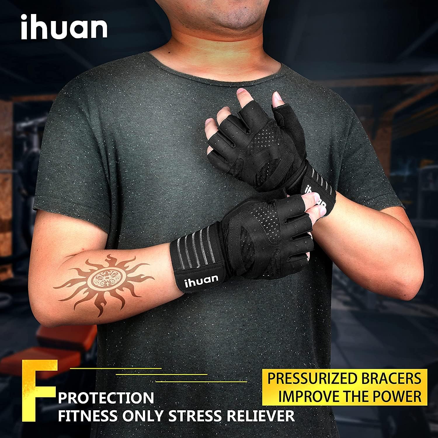 ihuan Weight Lifting Gloves with Wrist Wrap — Ventilated Gym Workout Gloves