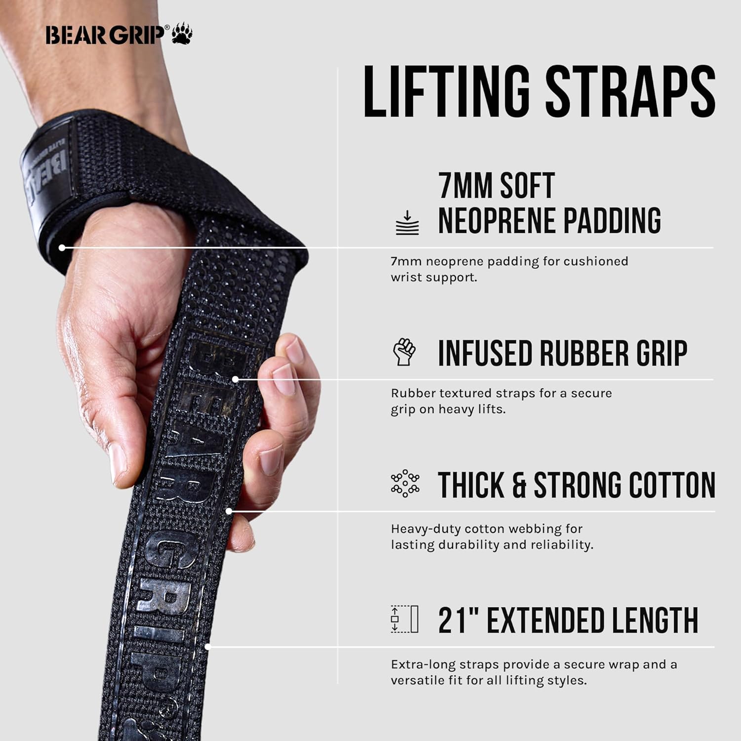 BEAR GRIP Weight Lifting Straps — Premium Neoprene Padded Gym Straps for Deadlifts