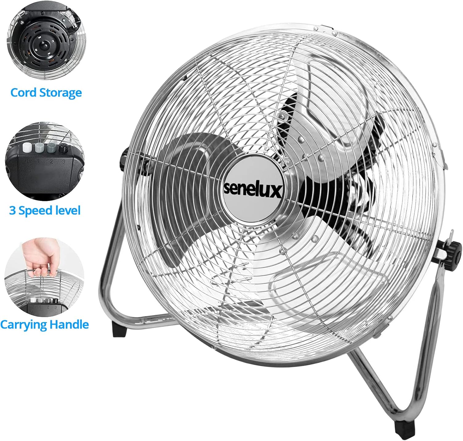 Senelux Chrome Gym Floor Fan — 3-Speed Portable Electric Cooling Fan