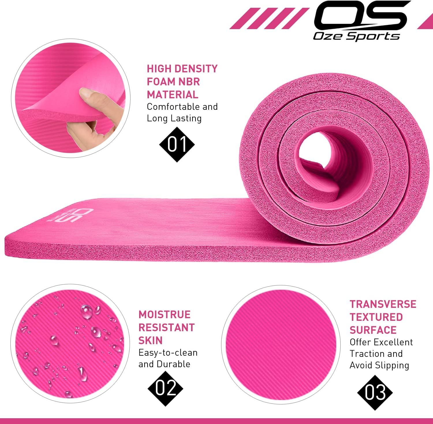 OZE Sports Yoga Mat — Extra Thick Non-Slip NBR Mat with Carry Strap