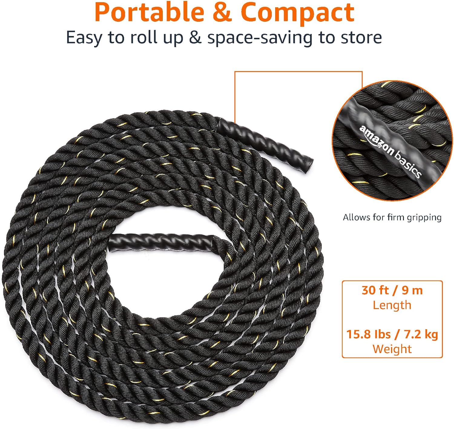 Amazon Basics Battle Rope — Heavy Training Rope for Strength & Cardio