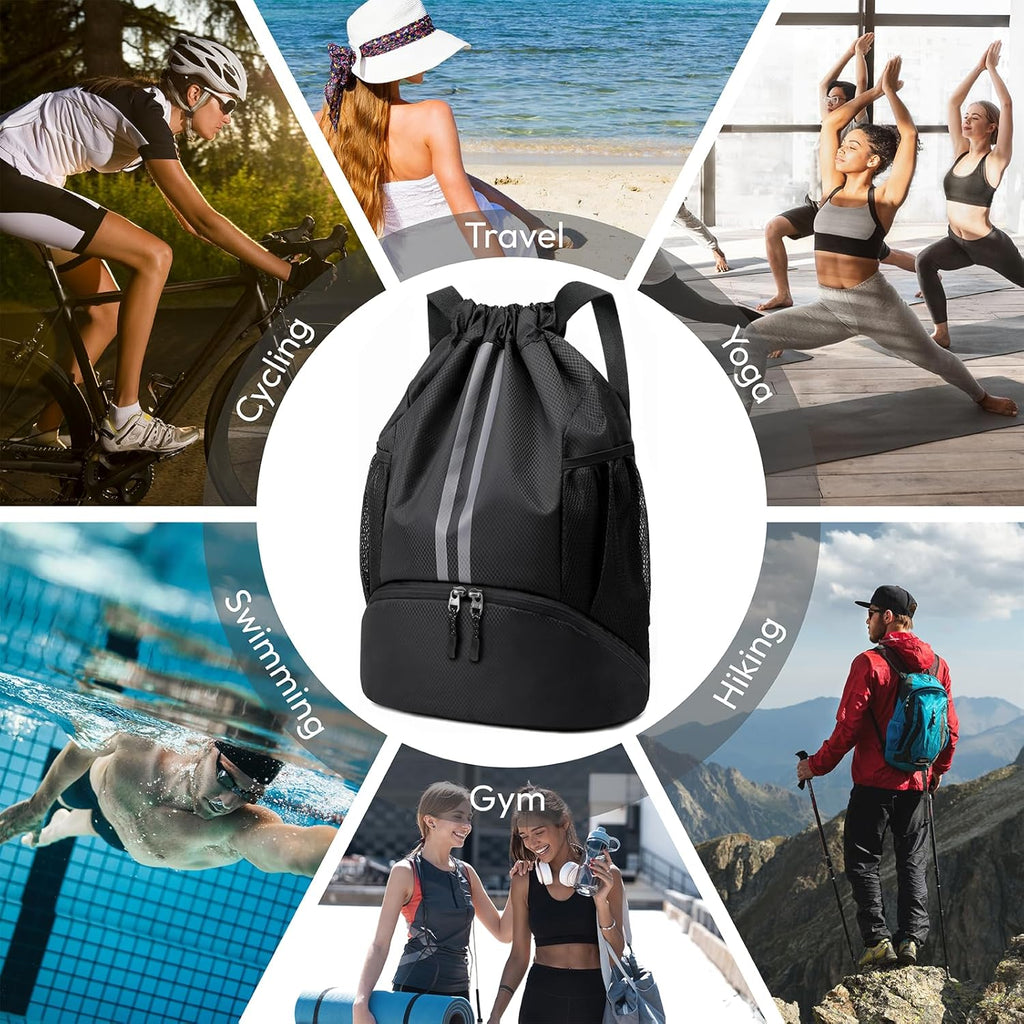Sioloc Waterproof Drawstring Backpack — Gym & Swim Bag with Shoe Compartment
