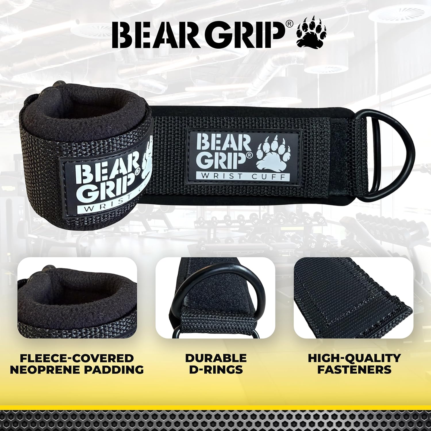BEAR GRIP Ankle Straps for Cable Machines — Adjustable Gym Cuffs, Men & Women