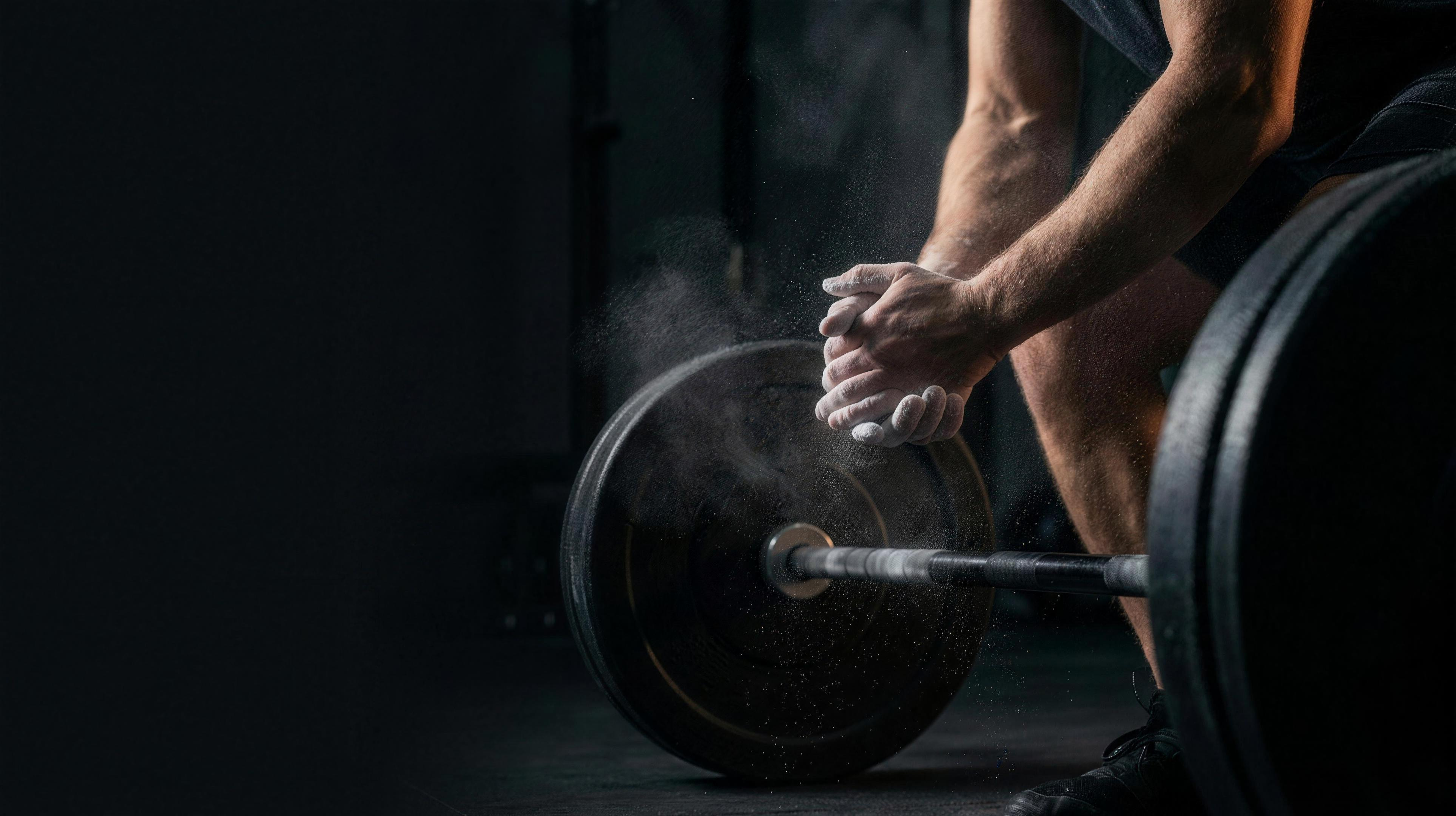 Chalked hands gripping a loaded barbell — THEGYMSTORE premium lifting gear