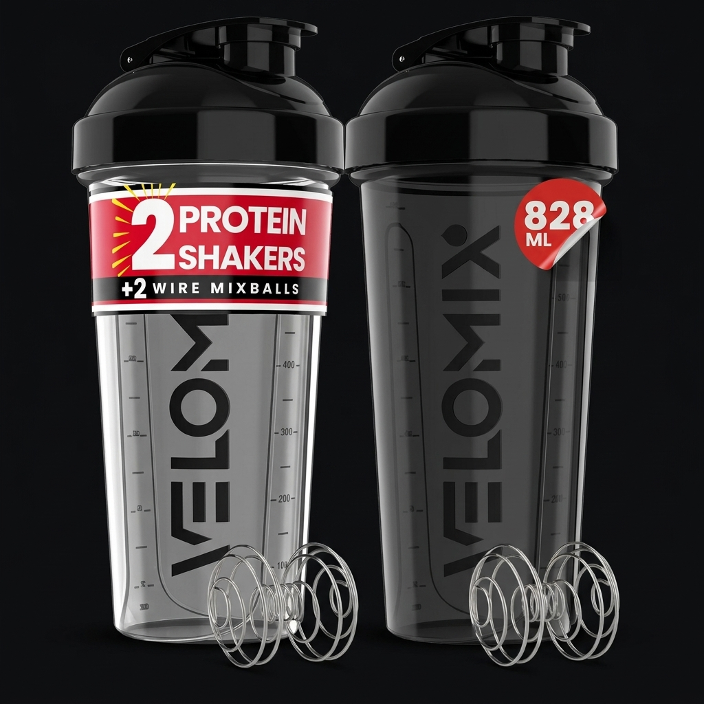 VELOMIX 2-Pack Protein Shaker Bottles on onyx background