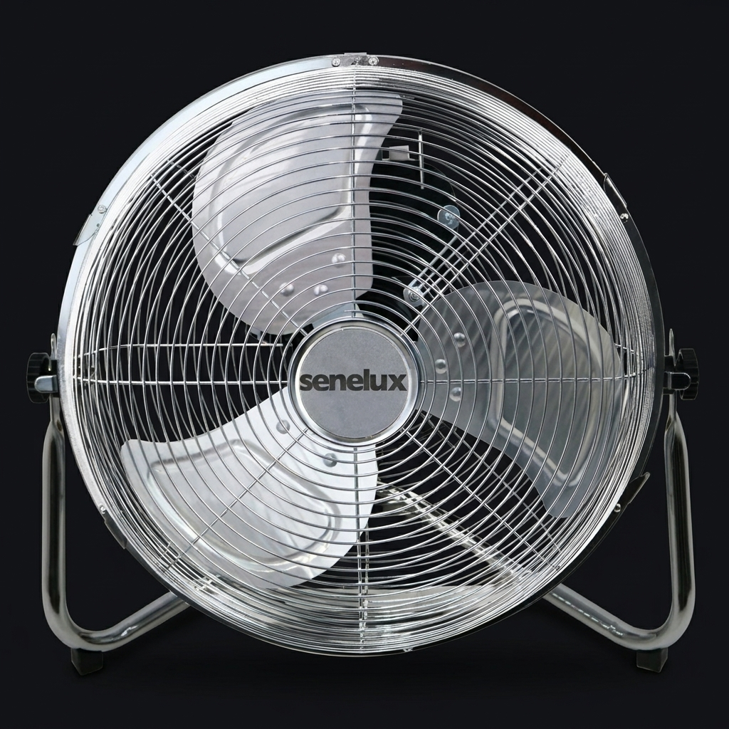 Senelux Chrome Gym Floor Fan on onyx background