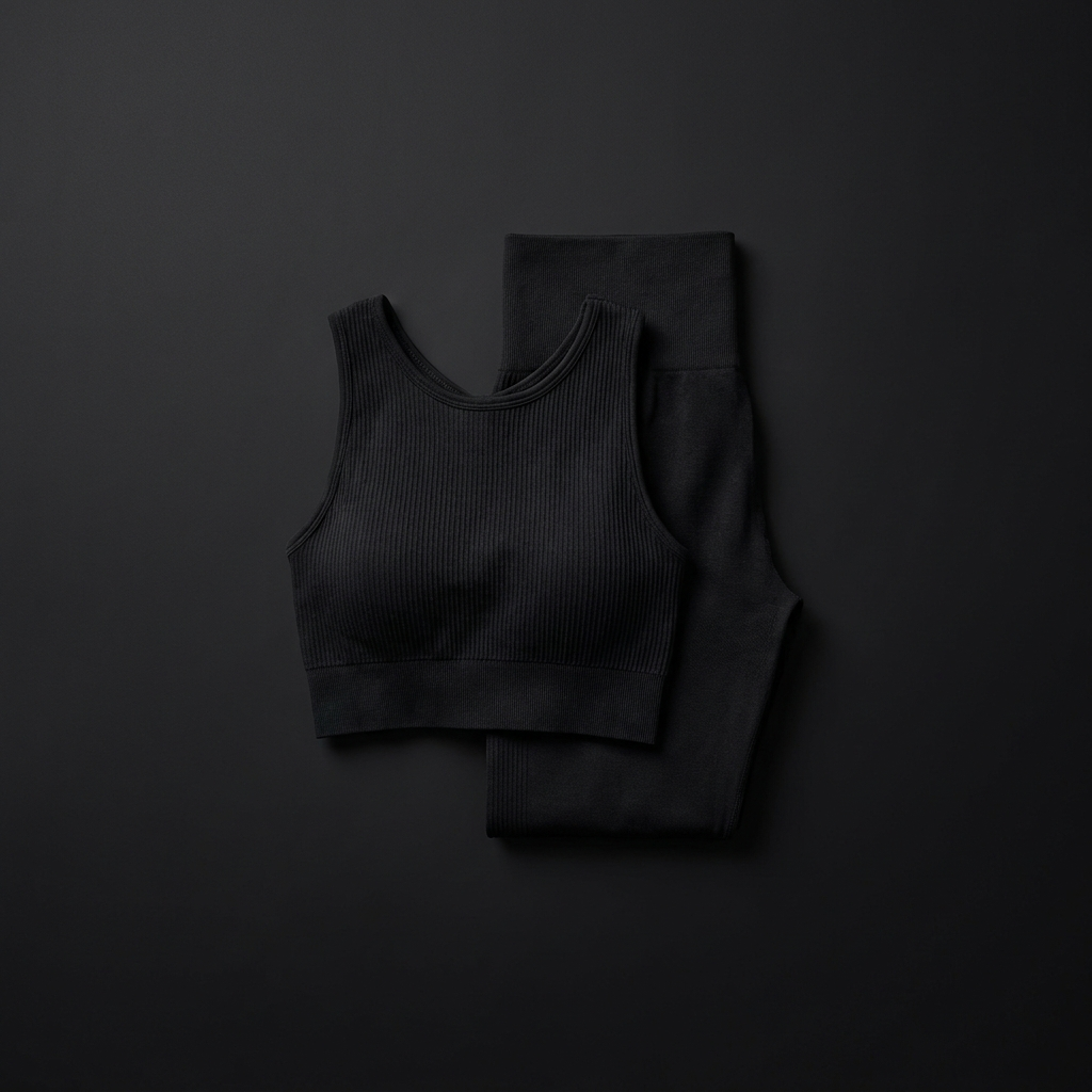 Women's seamless pilates crop top and high-waist leggings set on onyx background