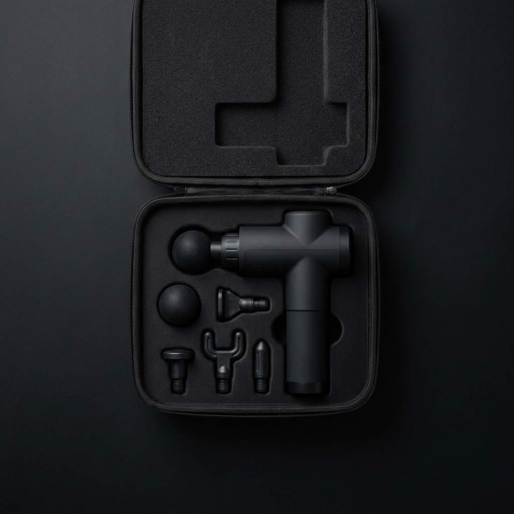 Percussion massage gun in carrying case with attachments