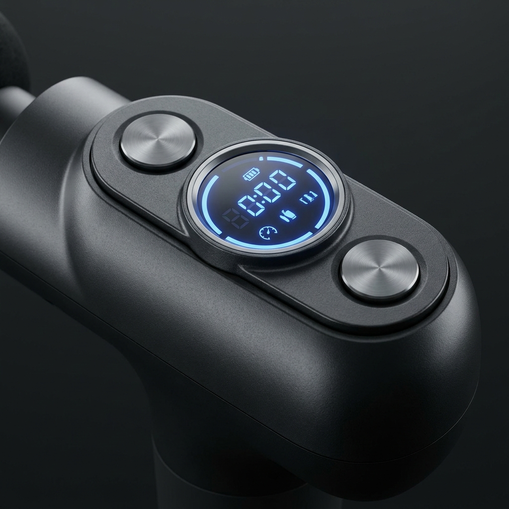 Percussion massage gun close-up of LCD screen and controls