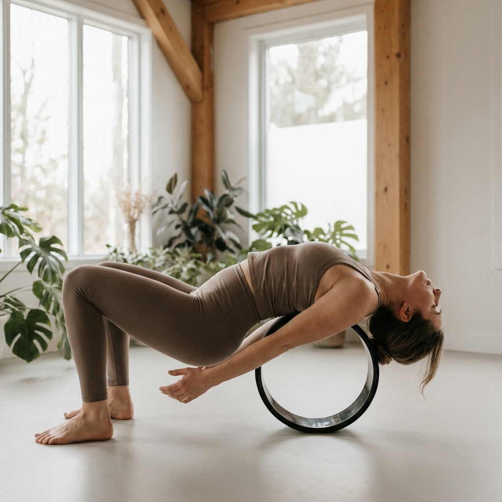 Woman stretching back over yoga wheel
