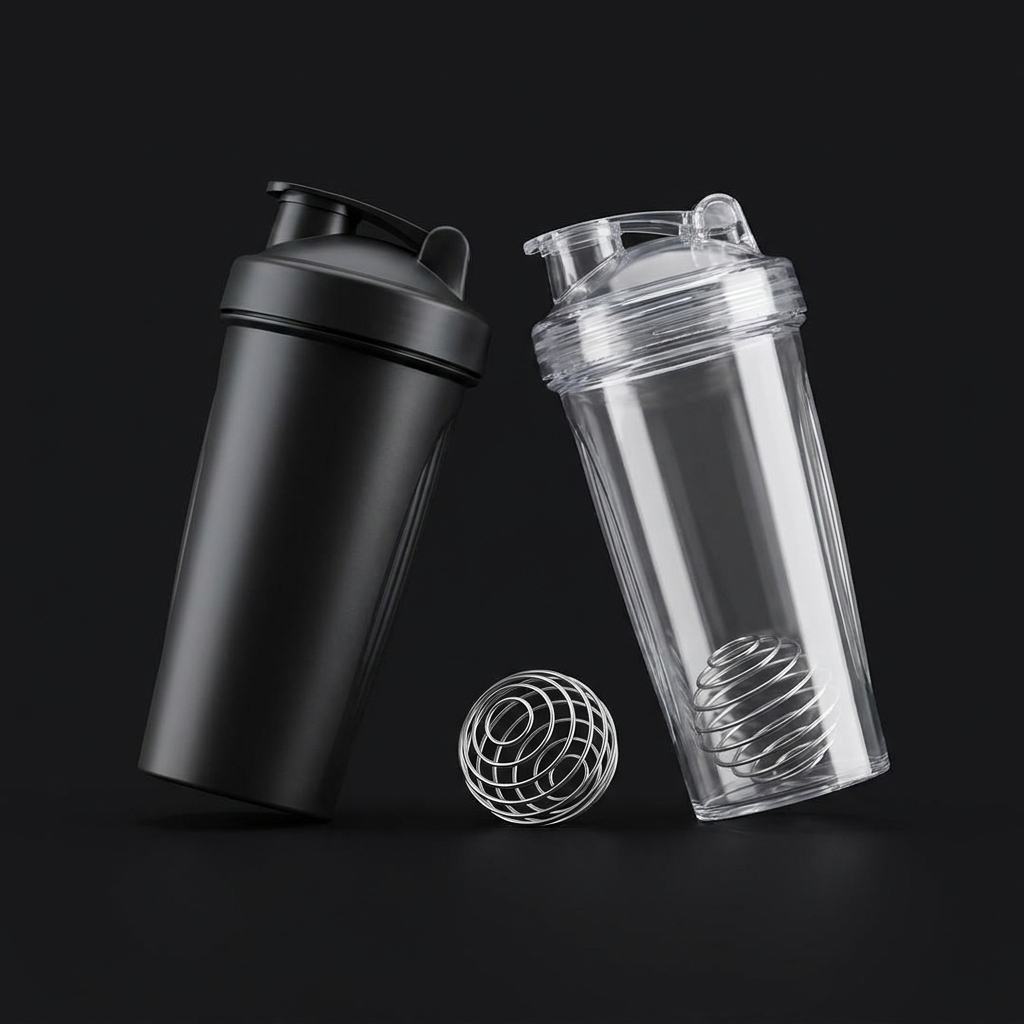 Two protein shaker bottles three-quarter angle