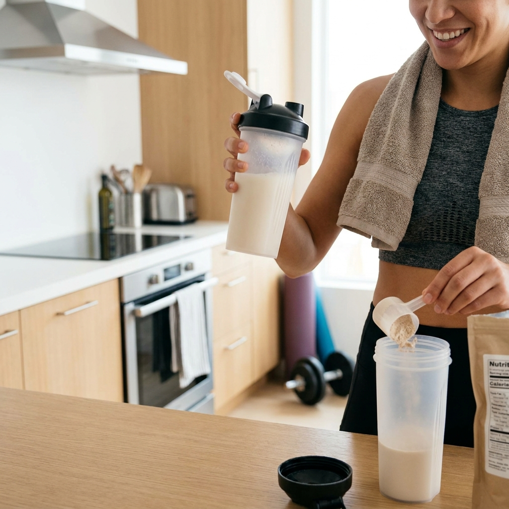 Person mixing protein shake in kitchen