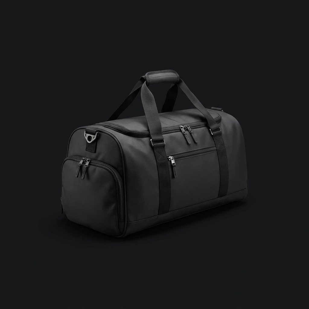 Black gym duffle bag three-quarter angle