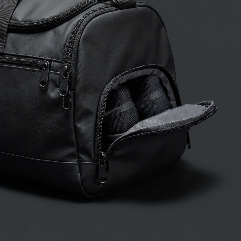 Gym duffle bag compartment close-up detail