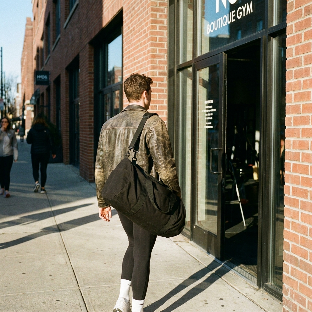 Person carrying gym duffle bag into gym