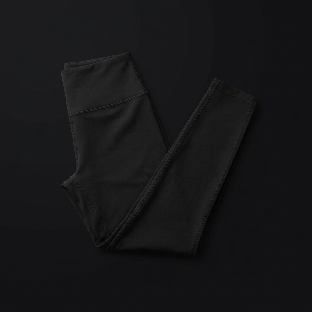 Black gym leggings flat-lay three-quarter angle