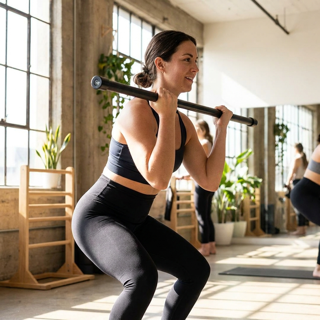 Woman squatting in black gym leggings