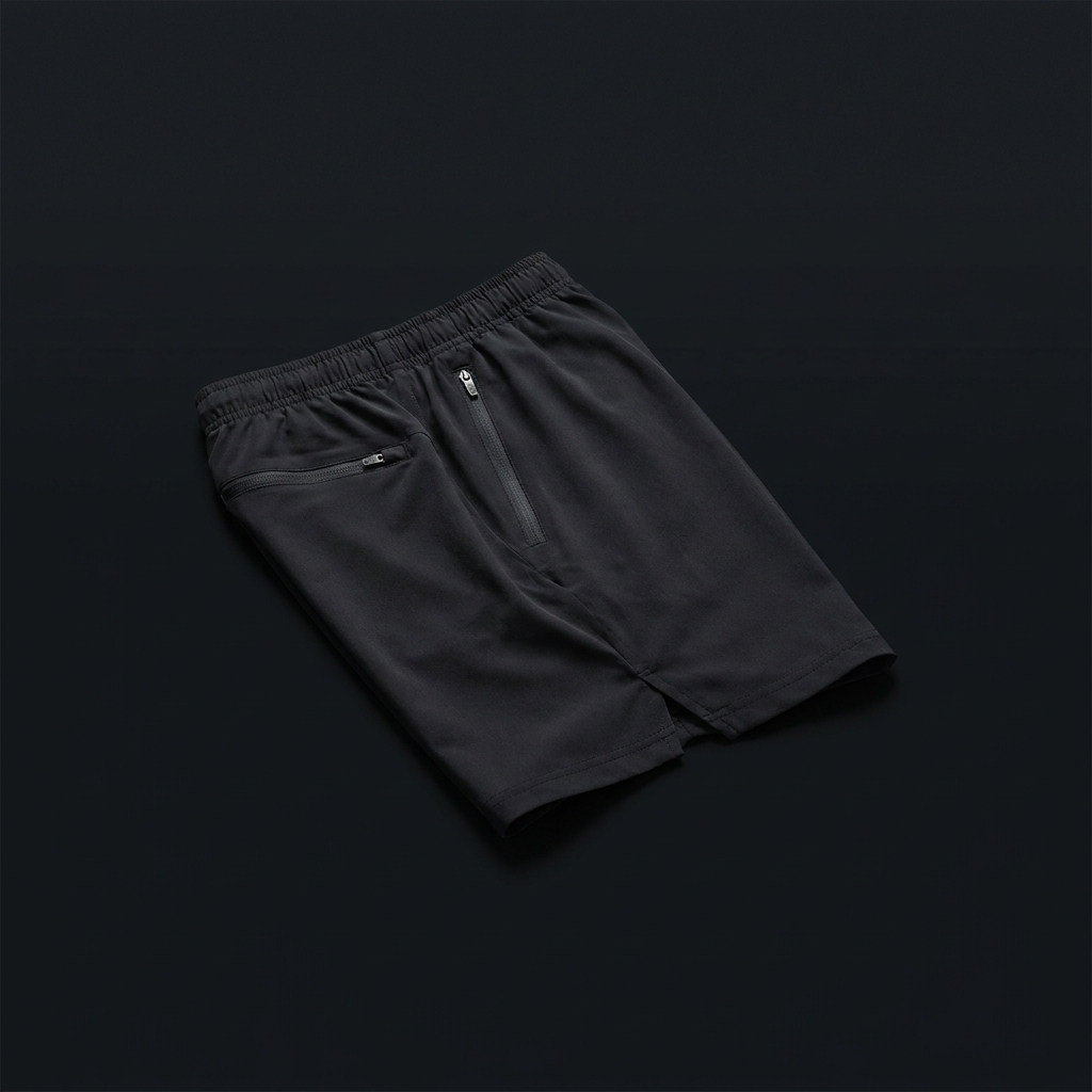 Black men's running shorts flat-lay three-quarter angle
