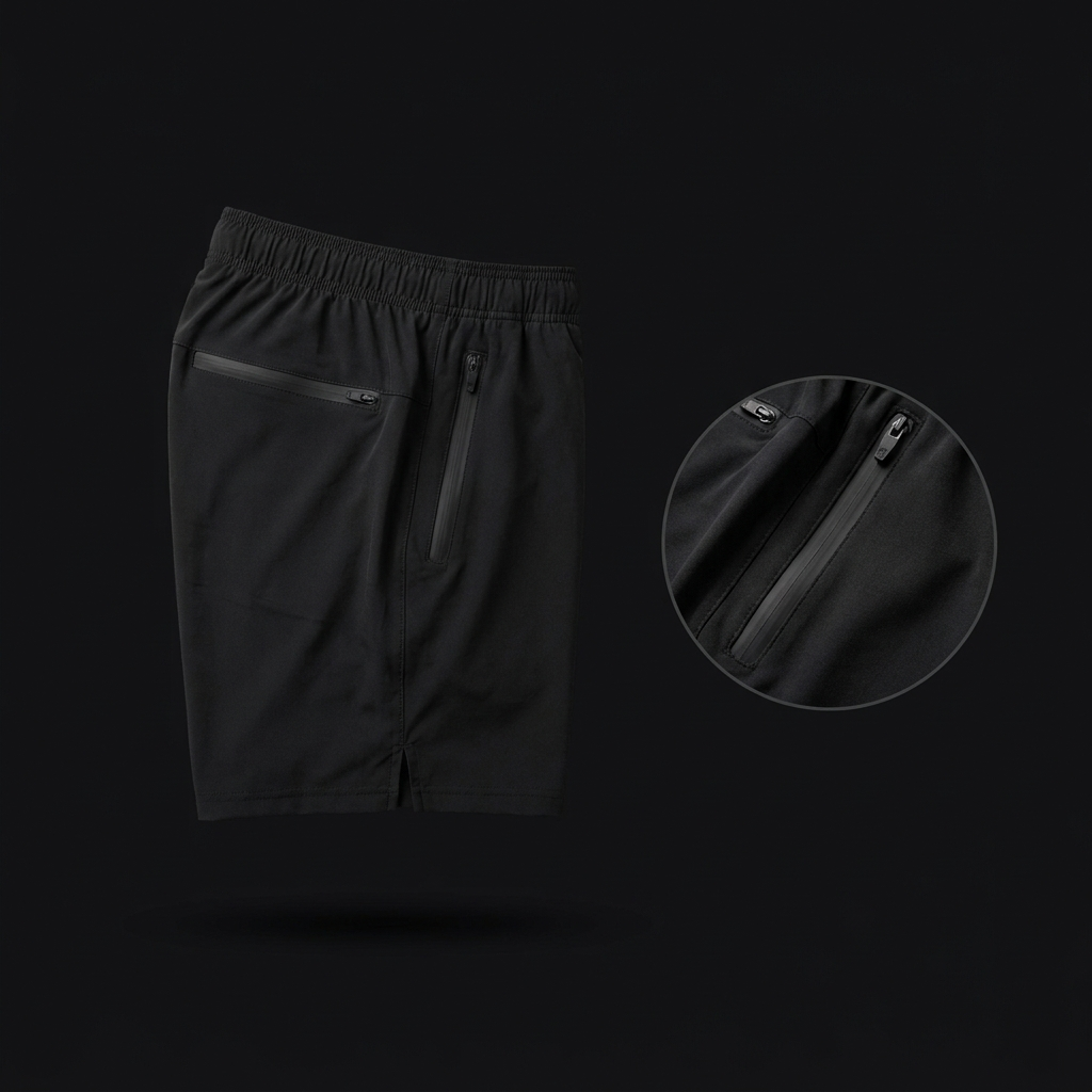 Running shorts zip pocket close-up detail