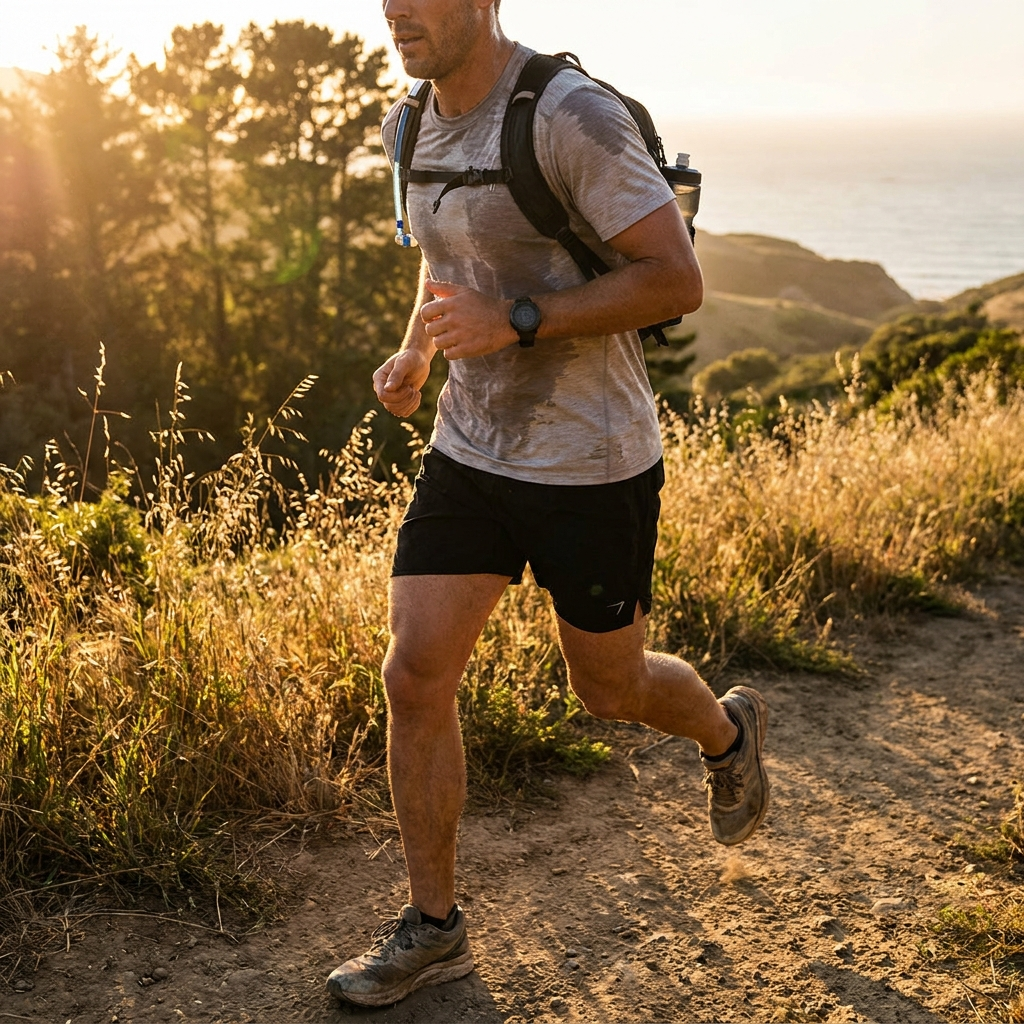 Man running outdoors at golden hour in shorts