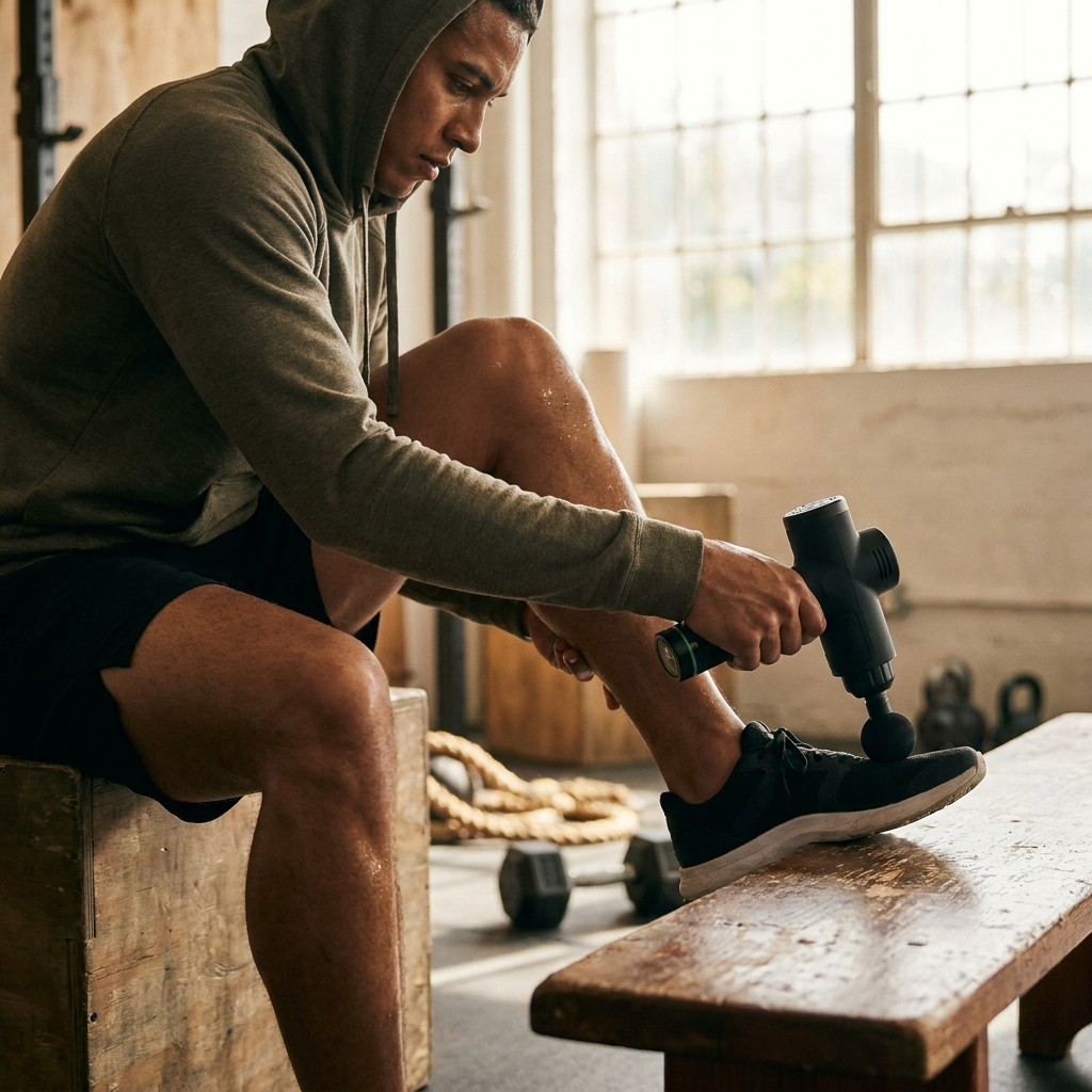 Person using massage gun on calf after workout