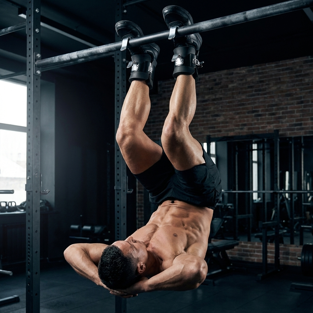 Athlete hanging inverted from a bar wearing the gravity inversion boots