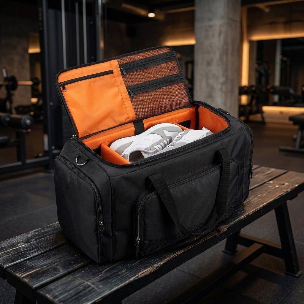 Open sneaker bag with trainers packed in the dividers on a gym bench