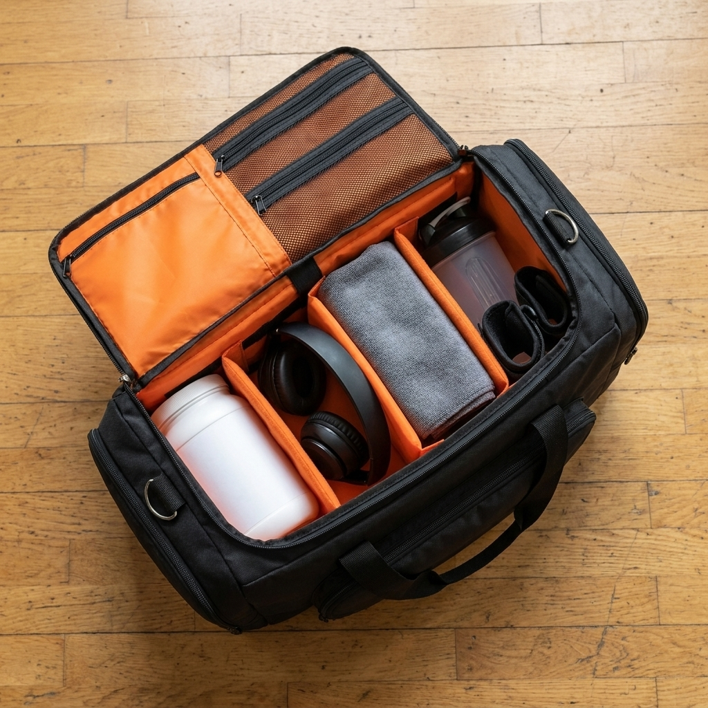 Top-down flat lay of the gym bag packed with supplements, headphones, towel and shaker