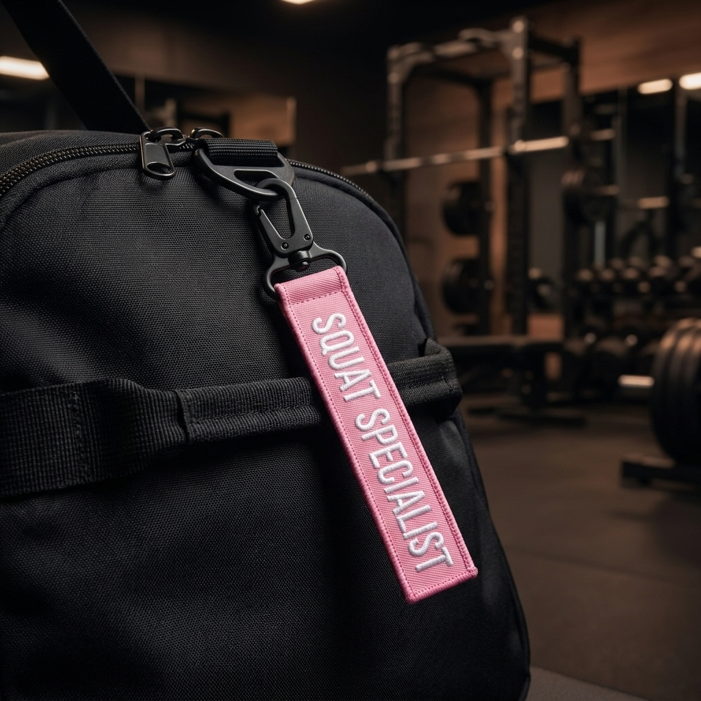 Squat Specialist key tag clipped to a gym bag