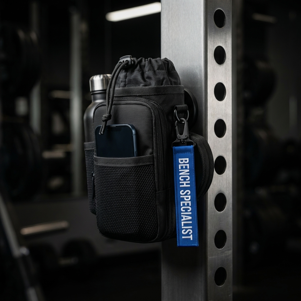Magnetic pouch on a gym machine holding a phone and bottle with a Bench Specialist key tag